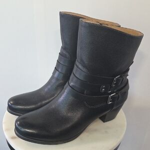 Naturalizer Black Leather Mid-Calf Buckle Heeled Boots Size 10M